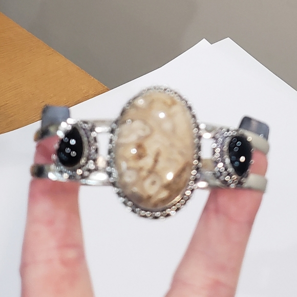 Chalcedony bracelet, 925 silver rock chalcedony black onyx adjustable bangle - Picture 14 of 15